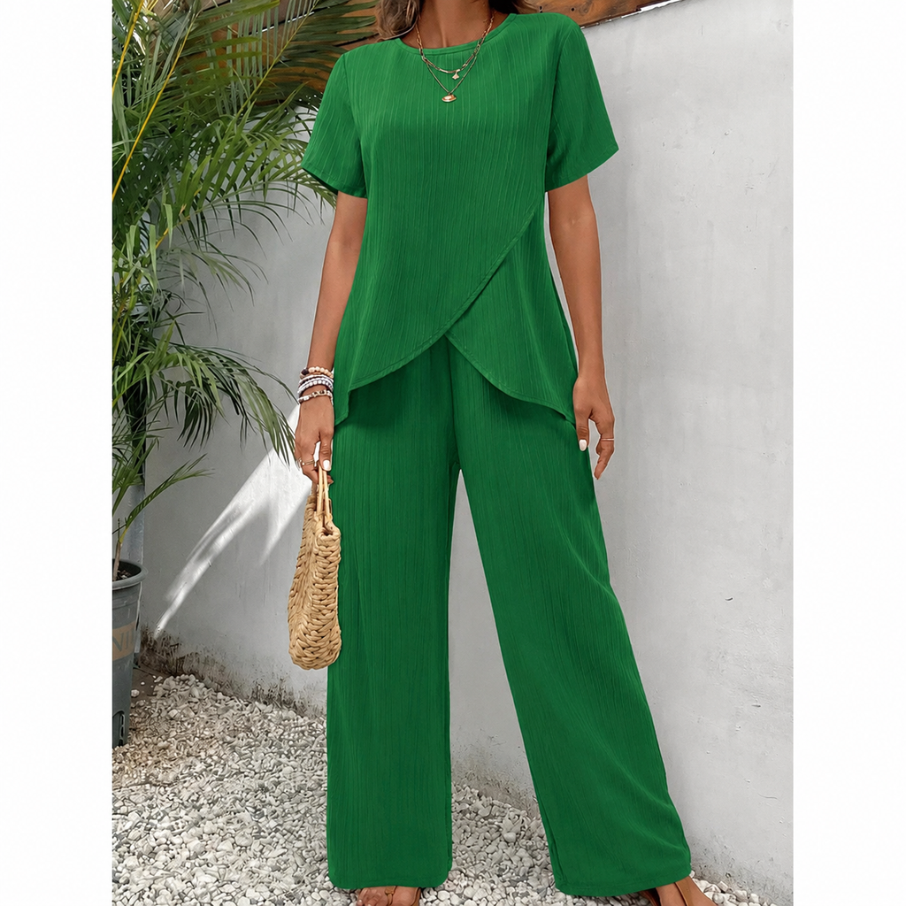 Women's Two-Piece Set | Longline Draped Top | Elasticated Waist Trousers