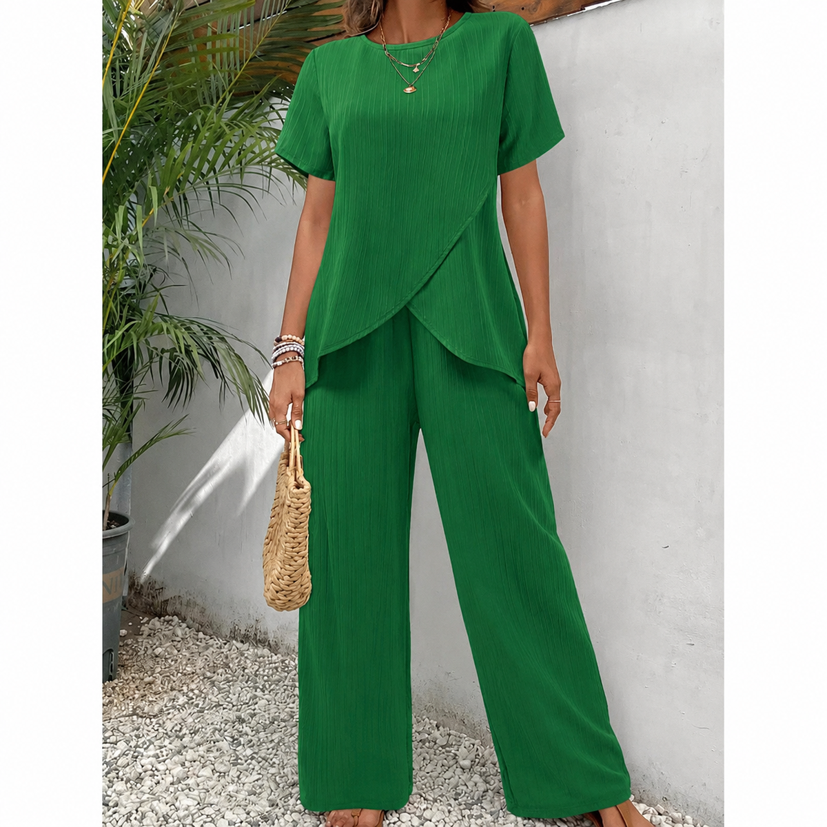 Women's Two-Piece Set | Longline Draped Top | Elasticated Waist Trousers