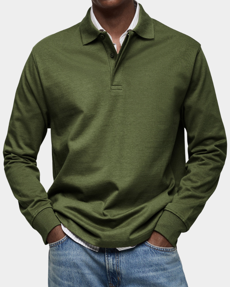 Men's Long Sleeve Polo Shirt | Button Placket | Ribbed Collar and Cuffs