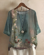Women's Bohemian Top | Relaxed Flowy Fit with Round Neckline | Elbow-Length Sleeves and Tie Detail