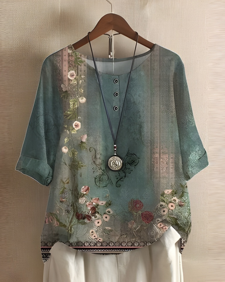 Women's Bohemian Top | Relaxed Flowy Fit with Round Neckline | Elbow-Length Sleeves and Tie Detail