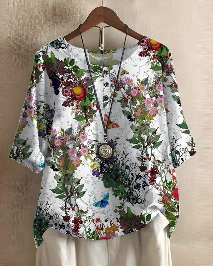 Women's Bohemian Top | Relaxed Flowy Fit with Round Neckline | Elbow-Length Sleeves and Tie Detail