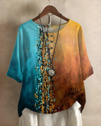 Women's Bohemian Top | Relaxed Flowy Fit with Round Neckline | Elbow-Length Sleeves and Tie Detail