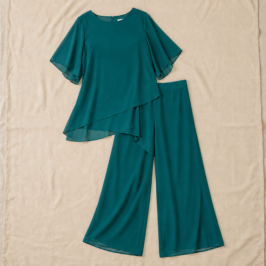 Women's Draped Layered Top and Wide-Leg Trousers Co-Ord Set | Tailored Fit
