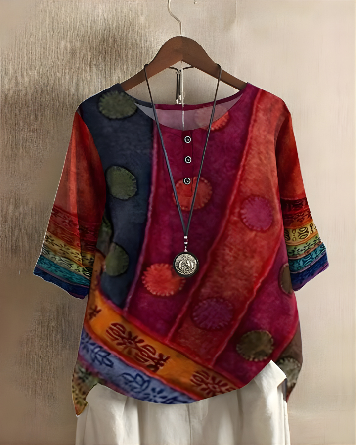 Women's Bohemian Top | Relaxed Flowy Fit with Round Neckline | Elbow-Length Sleeves and Tie Detail