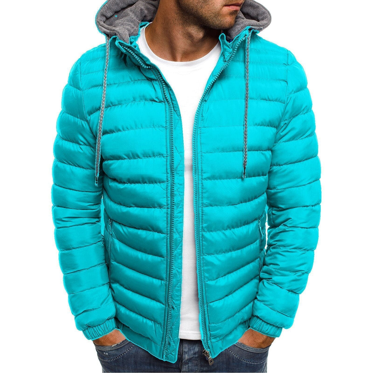 Men's Lightweight Down Jacket | Quilted Panels | Padded Hood | Slim Fit
