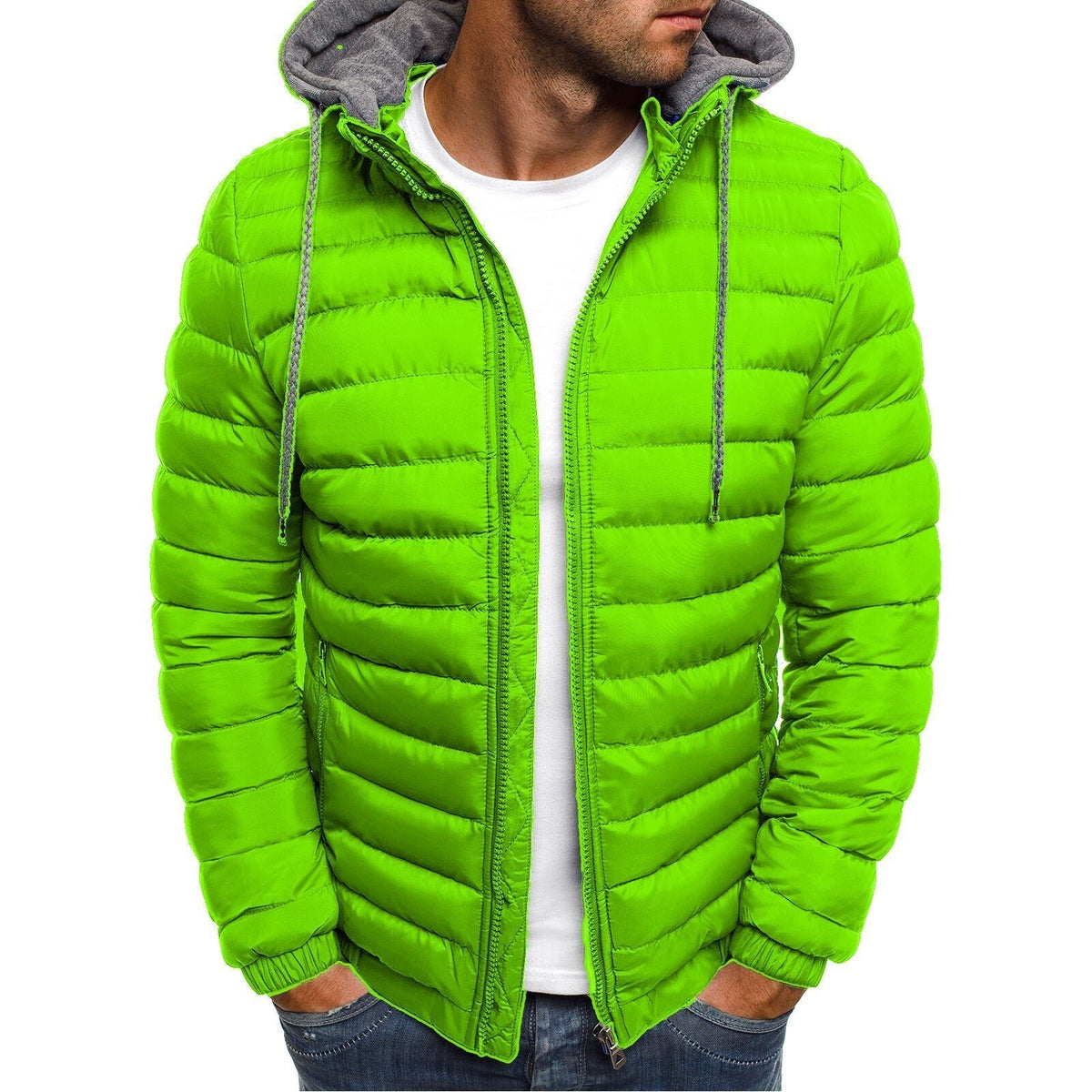 Men's Lightweight Down Jacket | Quilted Panels | Padded Hood | Slim Fit