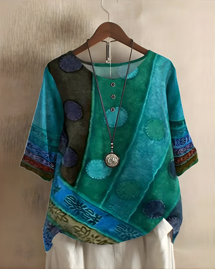 Women's Bohemian Top | Relaxed Flowy Fit with Round Neckline | Elbow-Length Sleeves and Tie Detail