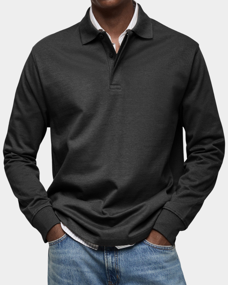 Men's Long Sleeve Polo Shirt | Button Placket | Ribbed Collar and Cuffs