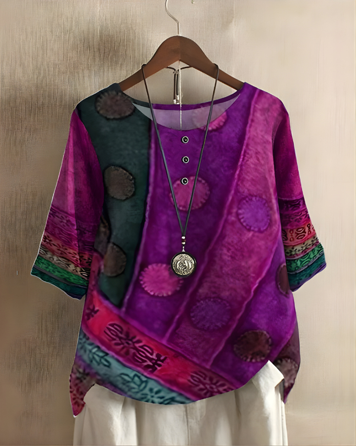Women's Bohemian Top | Relaxed Flowy Fit with Round Neckline | Elbow-Length Sleeves and Tie Detail