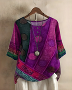 Women's Bohemian Top | Relaxed Flowy Fit with Round Neckline | Elbow-Length Sleeves and Tie Detail