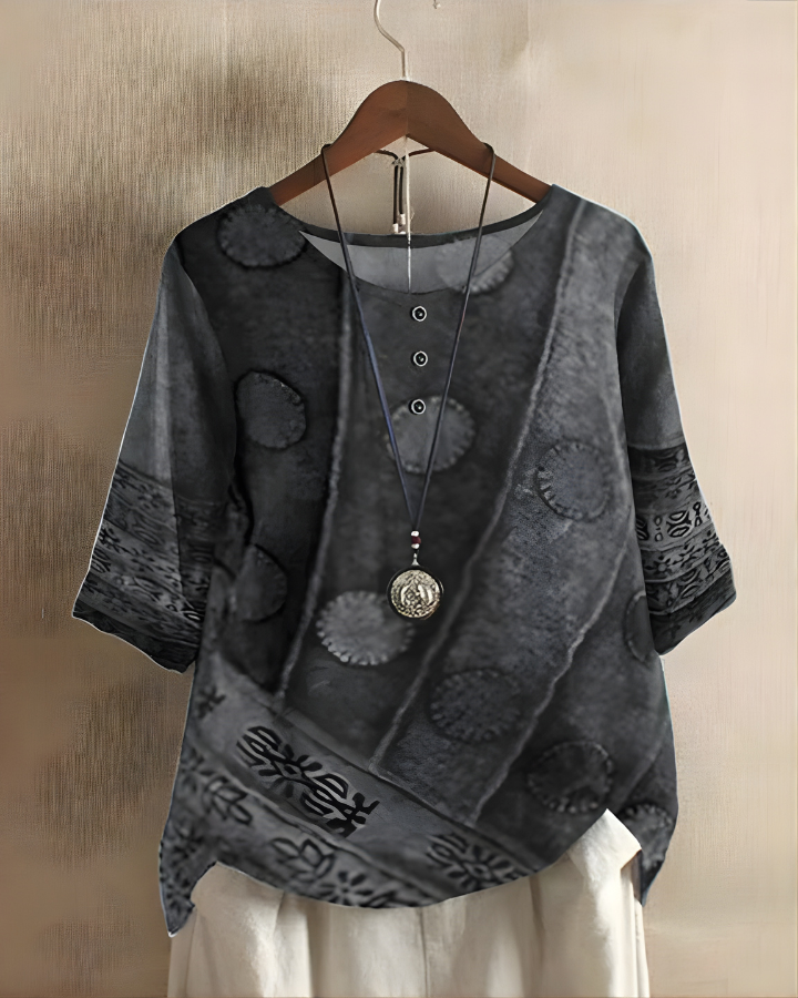 Women's Bohemian Top | Relaxed Flowy Fit with Round Neckline | Elbow-Length Sleeves and Tie Detail