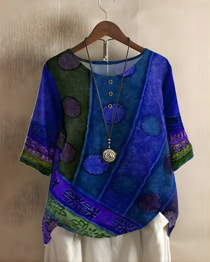 Women's Bohemian Top | Relaxed Flowy Fit with Round Neckline | Elbow-Length Sleeves and Tie Detail