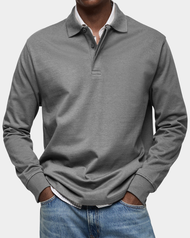 Men's Long Sleeve Polo Shirt | Button Placket | Ribbed Collar and Cuffs