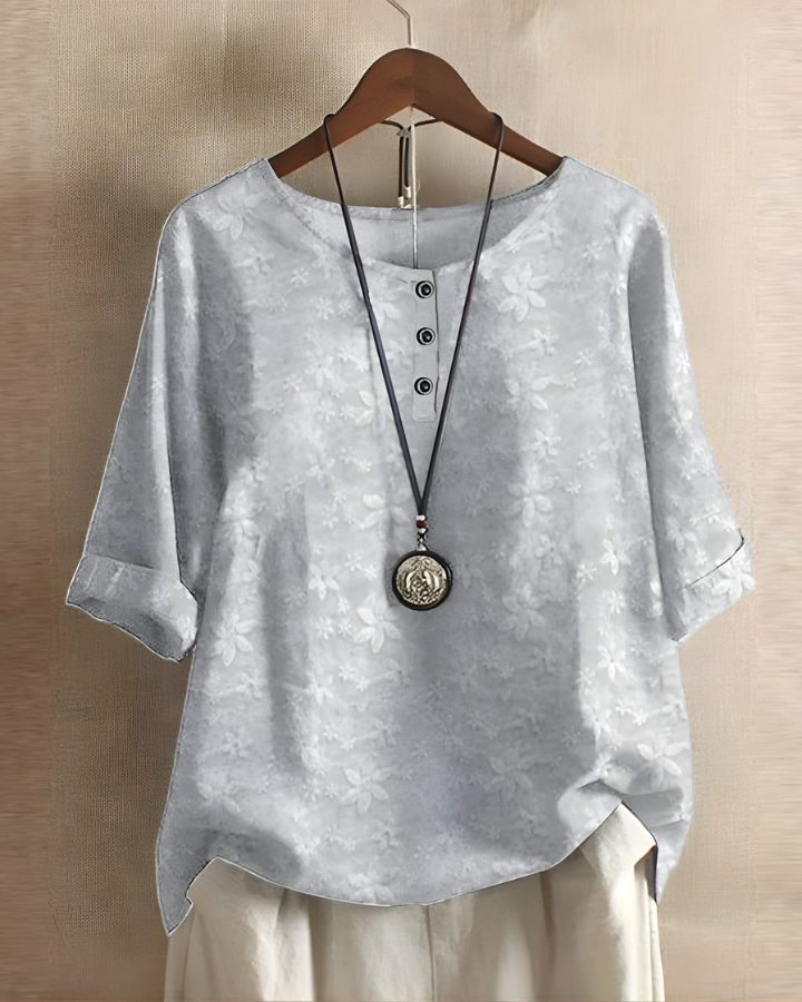 Women's Bohemian Top | Relaxed Flowy Fit with Round Neckline | Elbow-Length Sleeves and Tie Detail