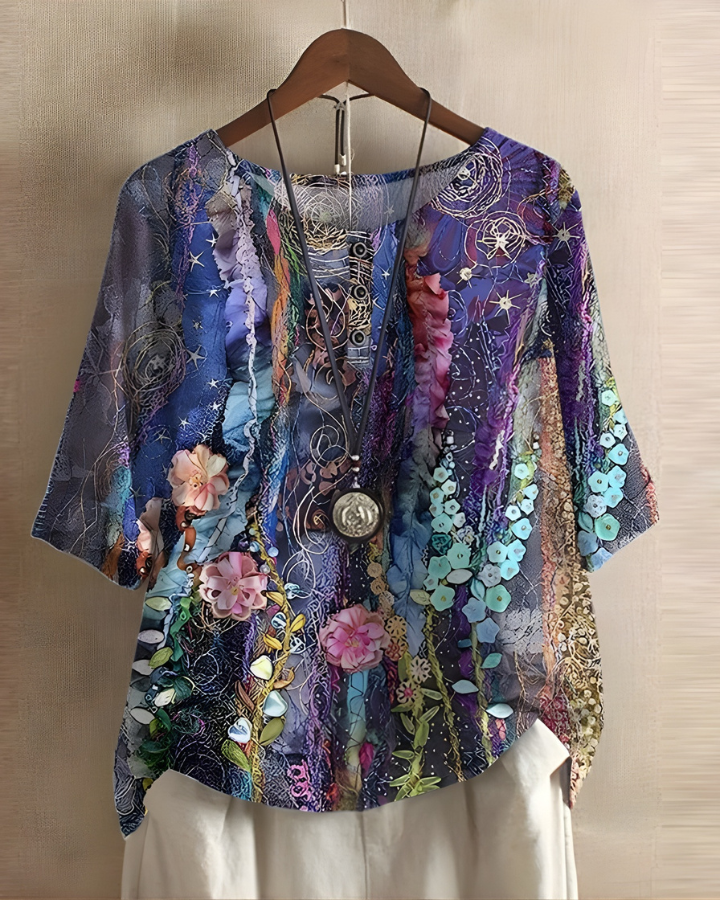 Women's Bohemian Top | Relaxed Flowy Fit with Round Neckline | Elbow-Length Sleeves and Tie Detail