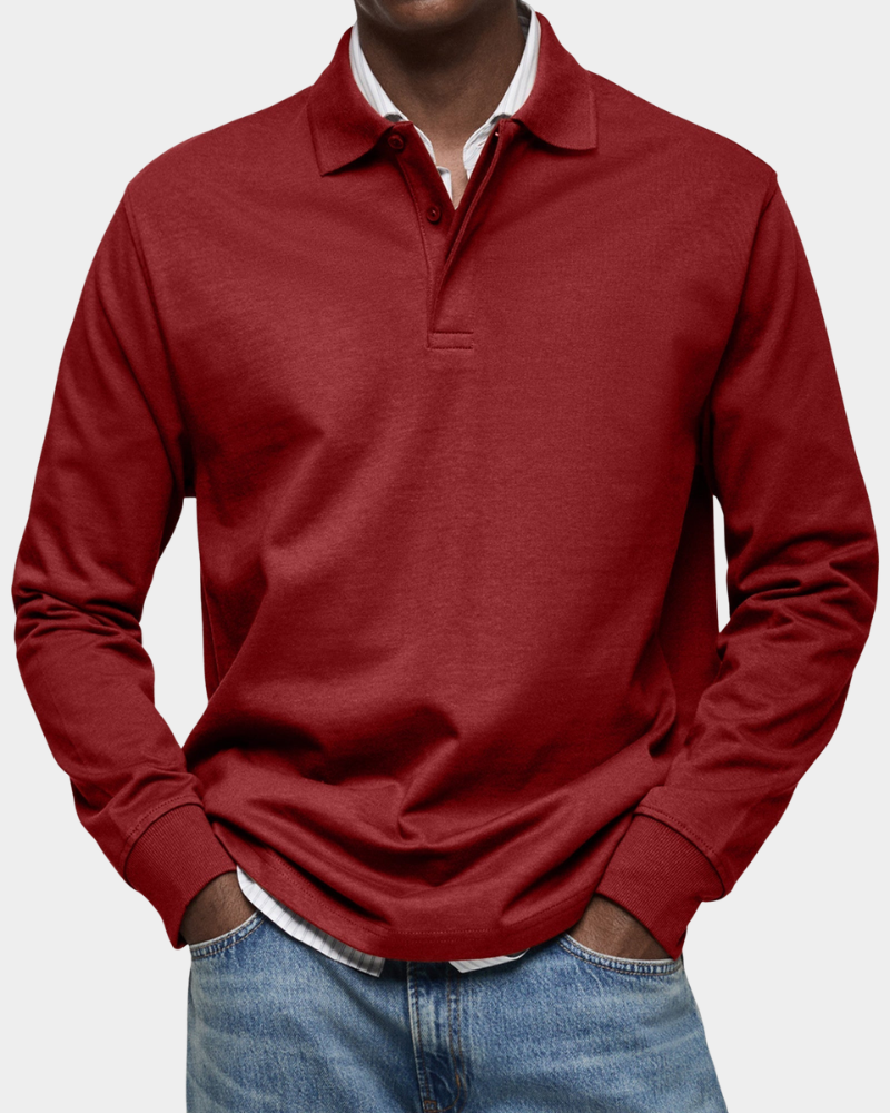 Men's Long Sleeve Polo Shirt | Button Placket | Ribbed Collar and Cuffs
