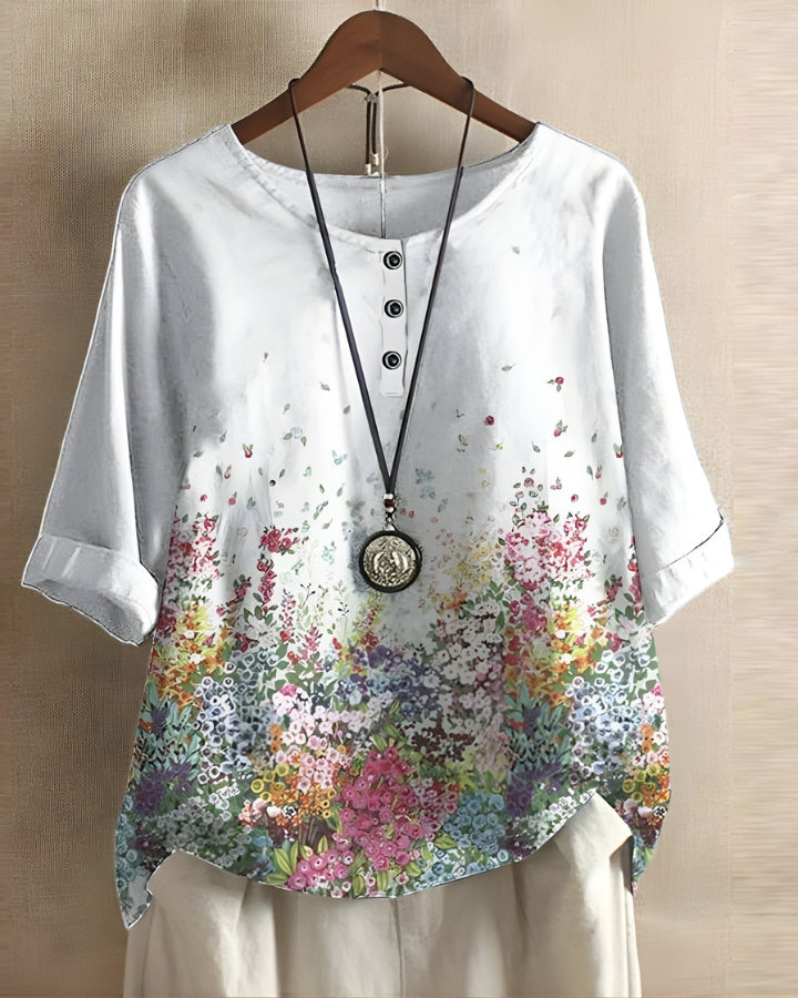 Women's Bohemian Top | Relaxed Flowy Fit with Round Neckline | Elbow-Length Sleeves and Tie Detail
