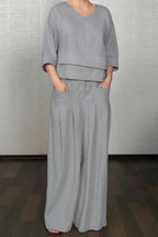 Women's Loungewear Two-Piece Set | Relaxed Fit Top | Flowing Wide-Leg Trousers