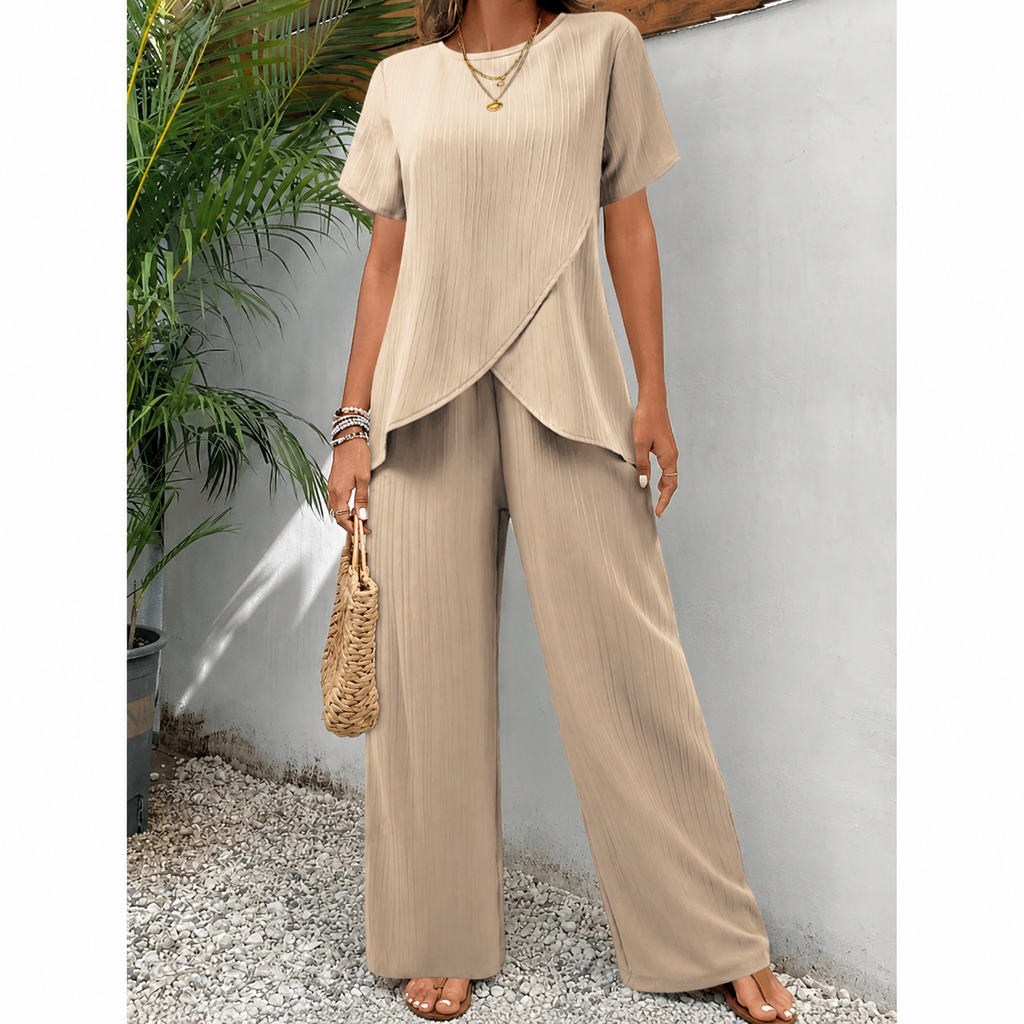 Women's Two-Piece Set | Longline Draped Top | Elasticated Waist Trousers