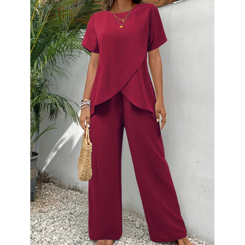 Women's Two-Piece Set | Longline Draped Top | Elasticated Waist Trousers