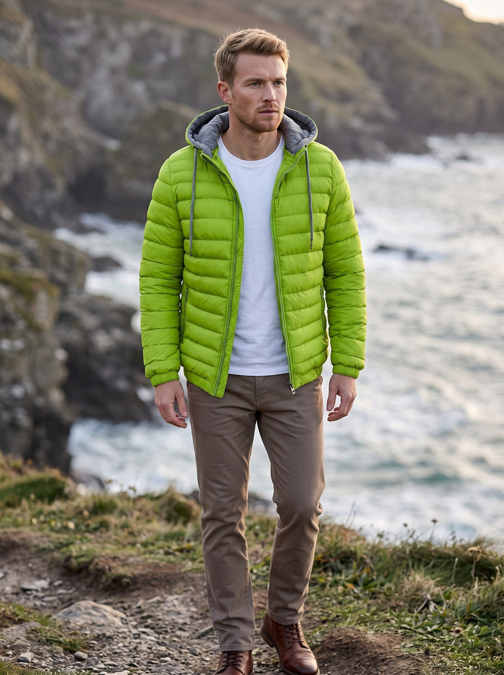 Men's Lightweight Down Jacket | Quilted Panels | Padded Hood | Slim Fit