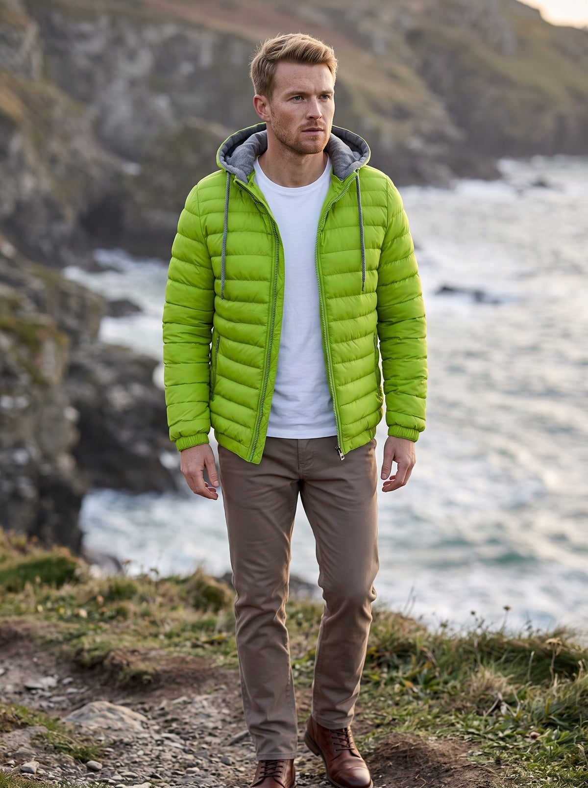 Men's Lightweight Down Jacket | Quilted Panels | Padded Hood | Slim Fit