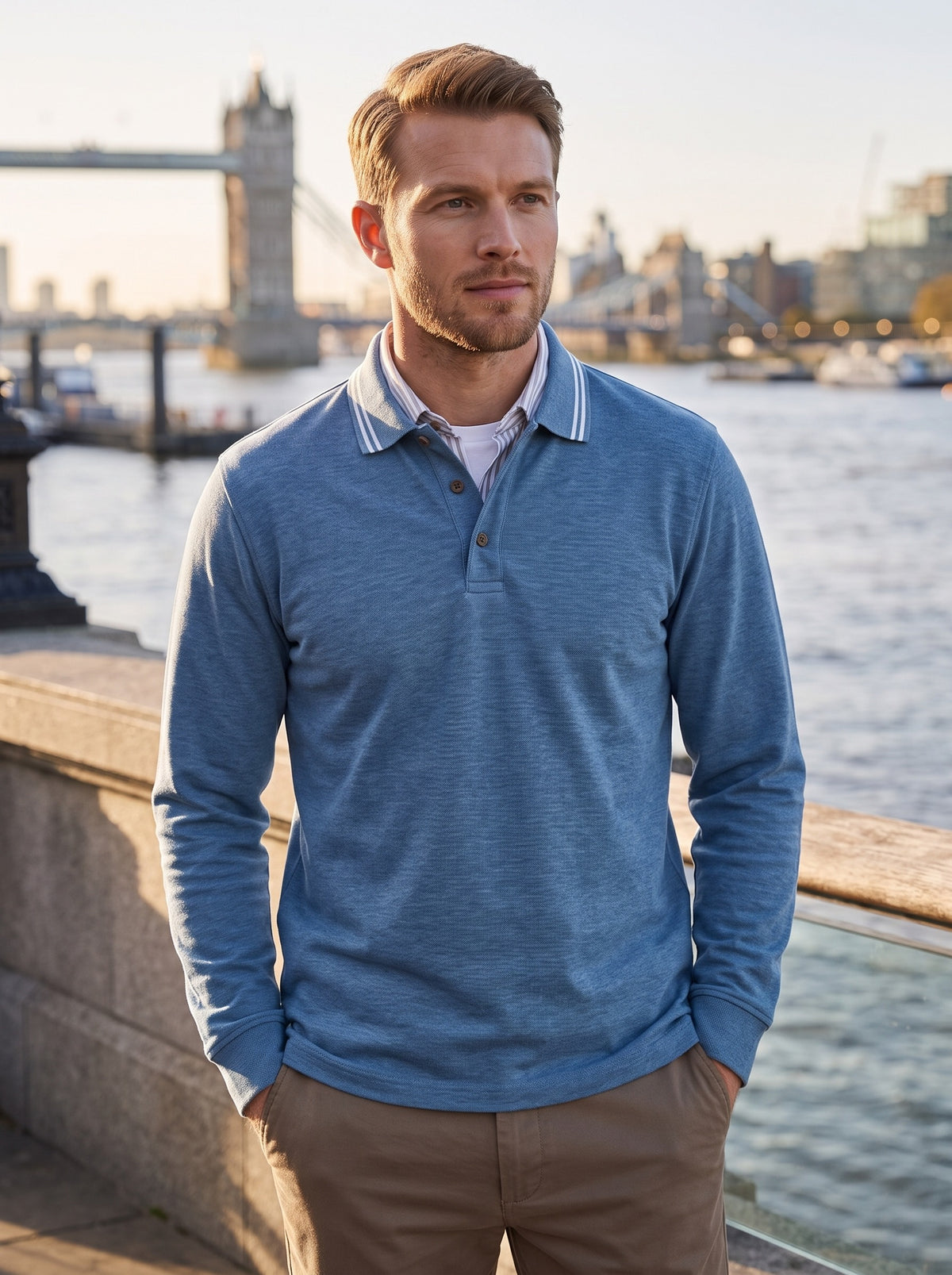 Men's Long Sleeve Polo Shirt | Button Placket | Ribbed Collar and Cuffs