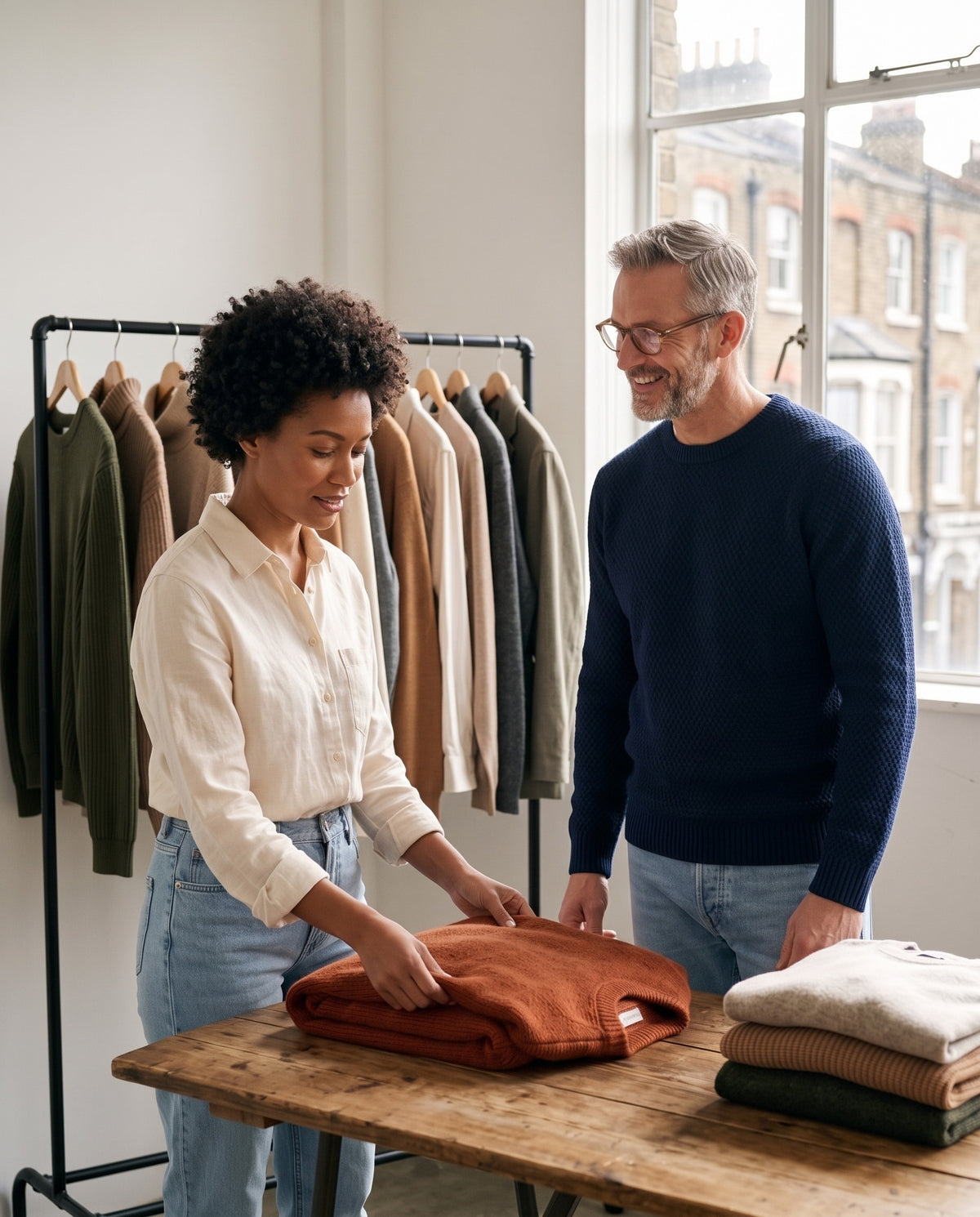 Two members of the Silkybase team folding knitwear in a bright London studio