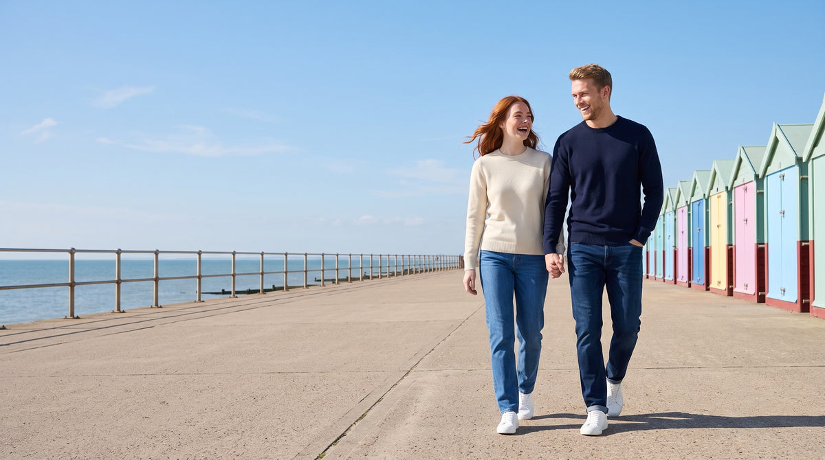 Two people in denim and knitwear walking along a seaside promenade