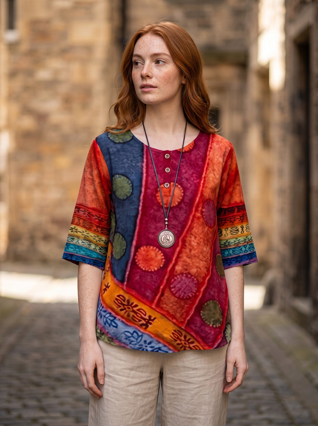 Women's Bohemian Top | Relaxed Flowy Fit with Round Neckline | Elbow-Length Sleeves and Tie Detail